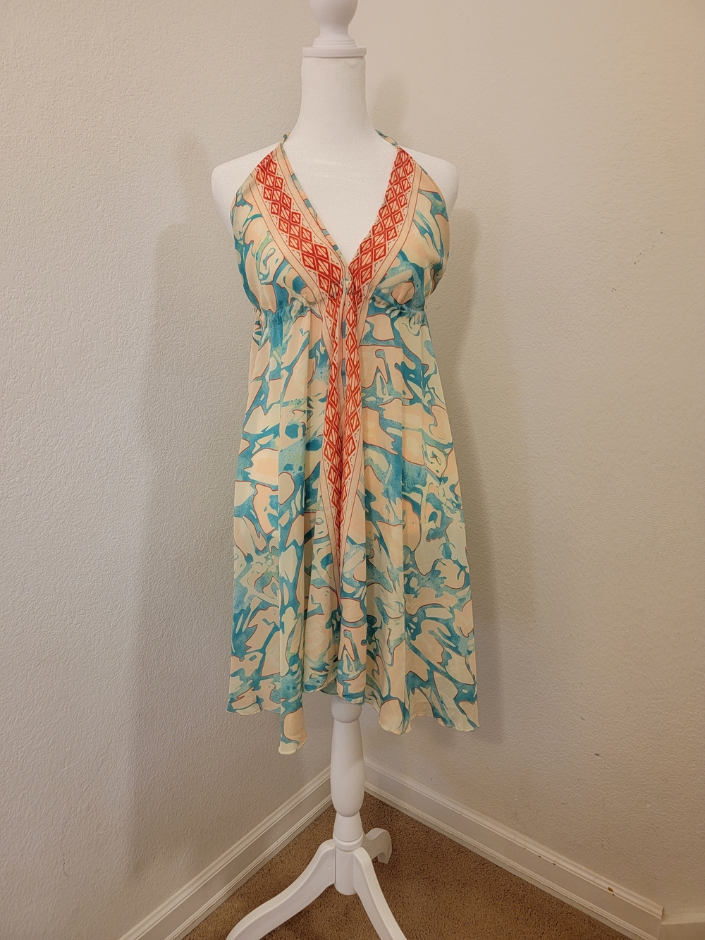 Udin Halter Sundress in Cream & Teal with Coral Trim -70% Silk